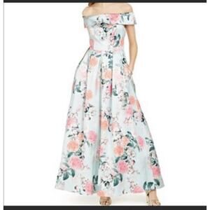 Eliza J Green Floral Silk Satin Off The Shoulder Evening A Line Maxi Dress Sz M